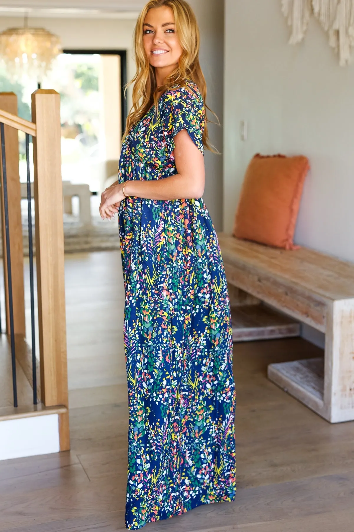 Navy Blue Floral V Neck Dolman Maxi Dress