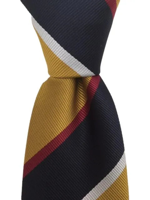Navy Blue, Golden Mustard Yellow, Silver and Burgundy Striped Tie