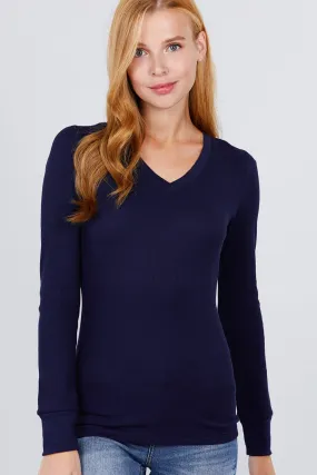 Navy blue Long Sleeve V Neck Thermal Top_
