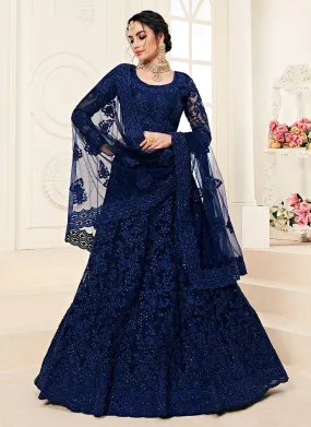 Navy Blue Pearl Embroidered Wedding Lehenga Choli
