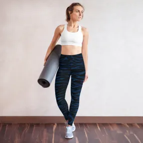 Navy Blue Tiger Yoga Leggings, Striped Animal Print Workout Tights For Women-Made in USA/EU