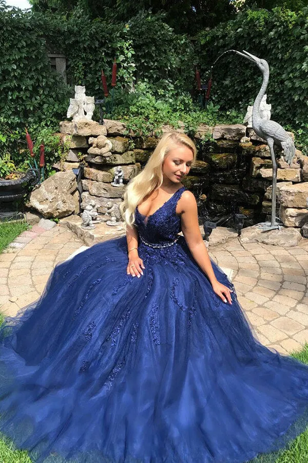 Navy Blue Tulle A-line V-neck Beaded Prom Dresses With Lace Appliques, SP738