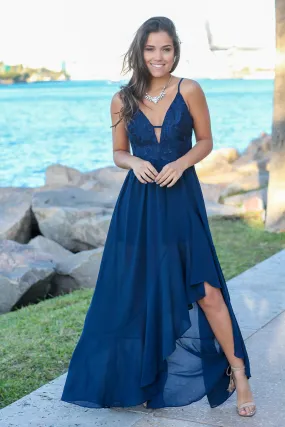 Navy High Low Dress with Embroidered Top