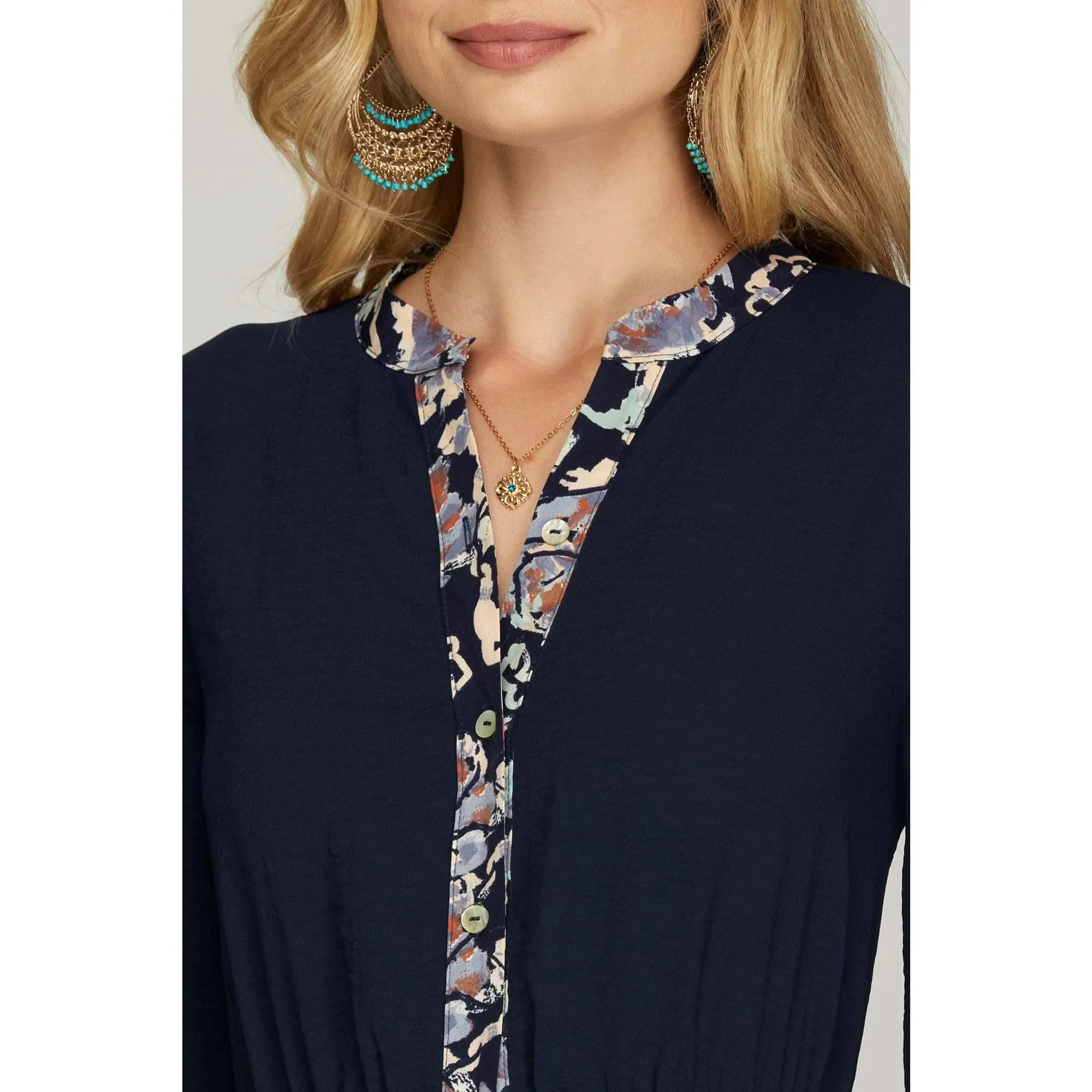 Navy Tiered Maxi Dress w_Printed Contrast Detail