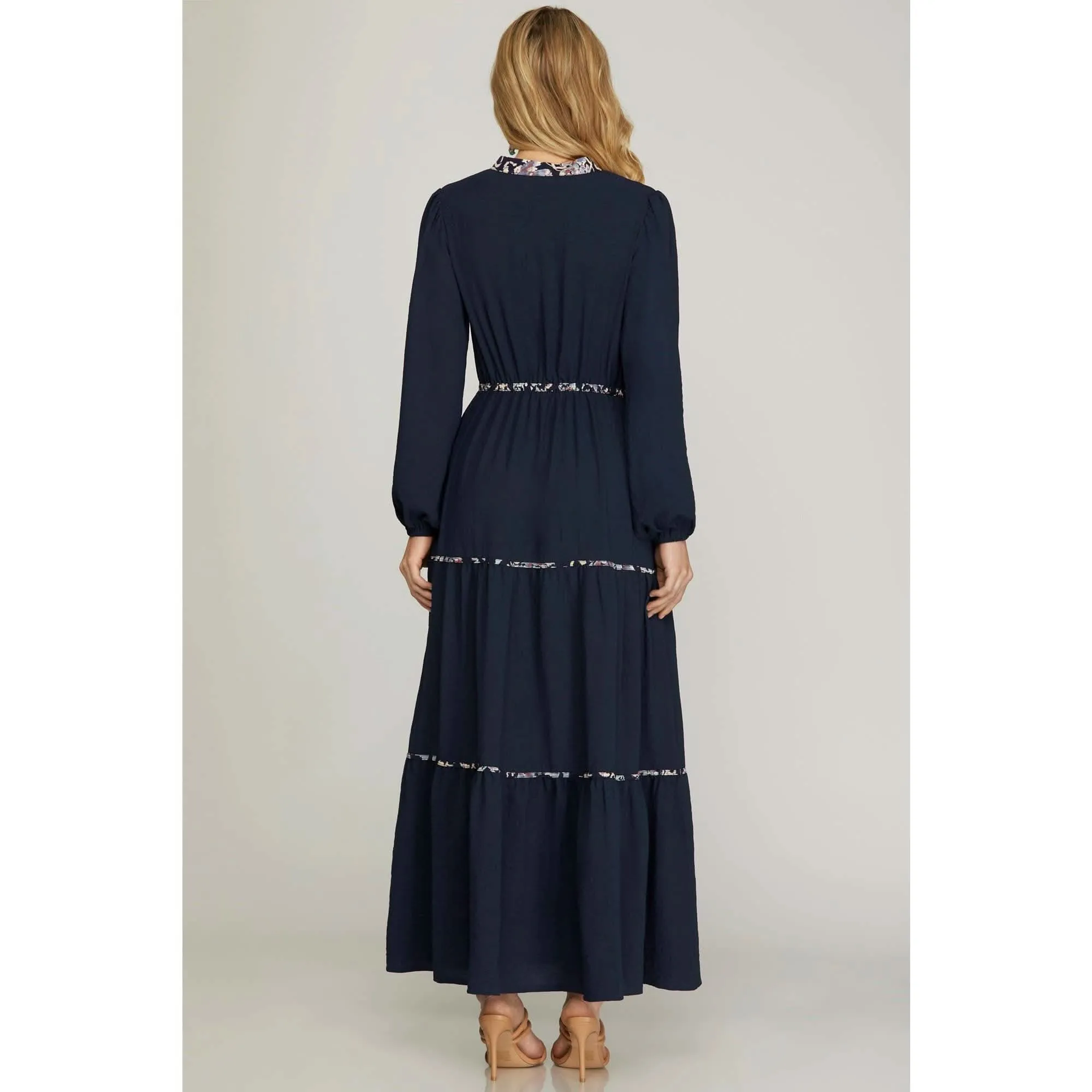 Navy Tiered Maxi Dress w_Printed Contrast Detail