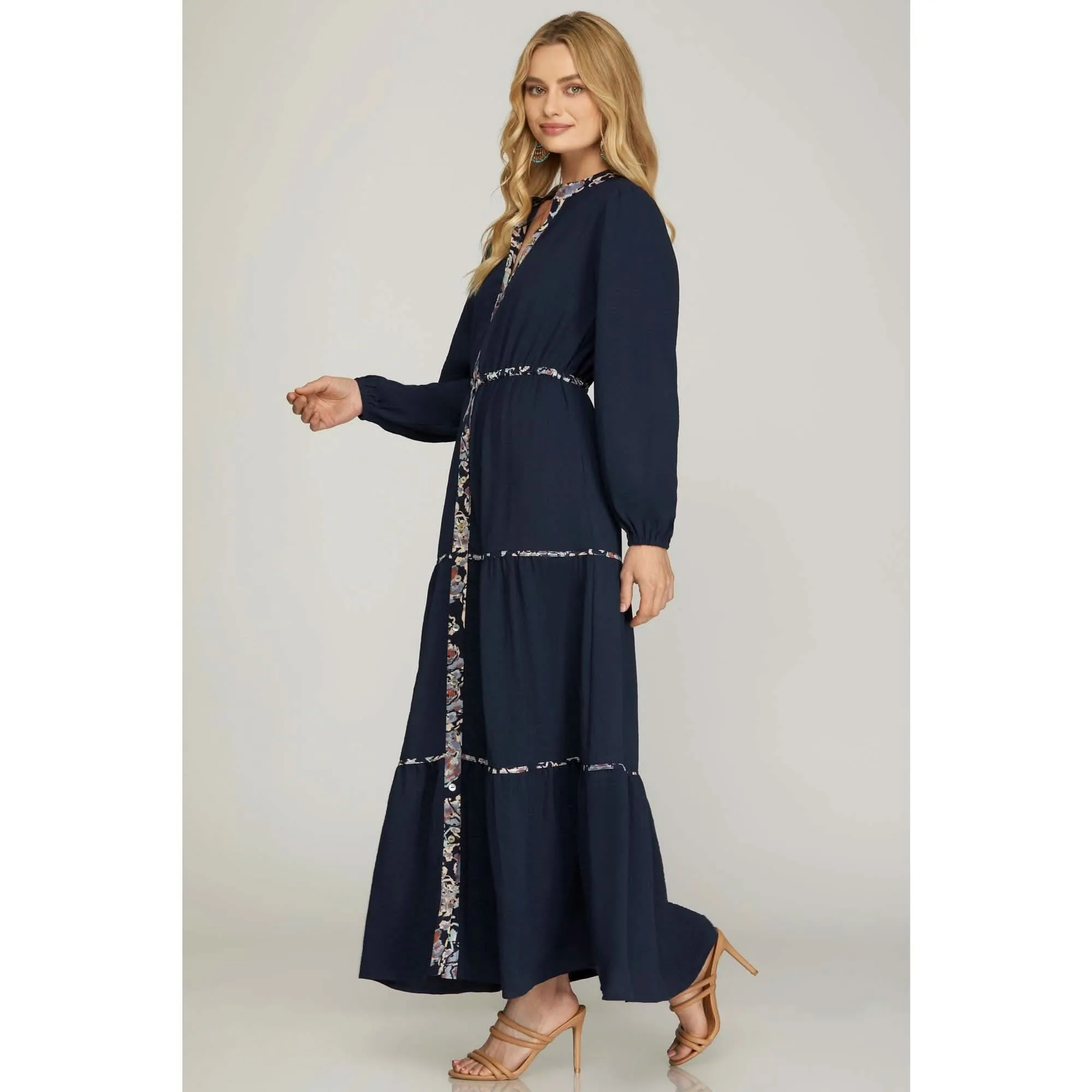 Navy Tiered Maxi Dress w_Printed Contrast Detail