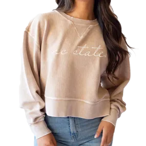 NC State Wolfpack Women's Latte Corded Script Waist Length Crewneck Sweatshirt
