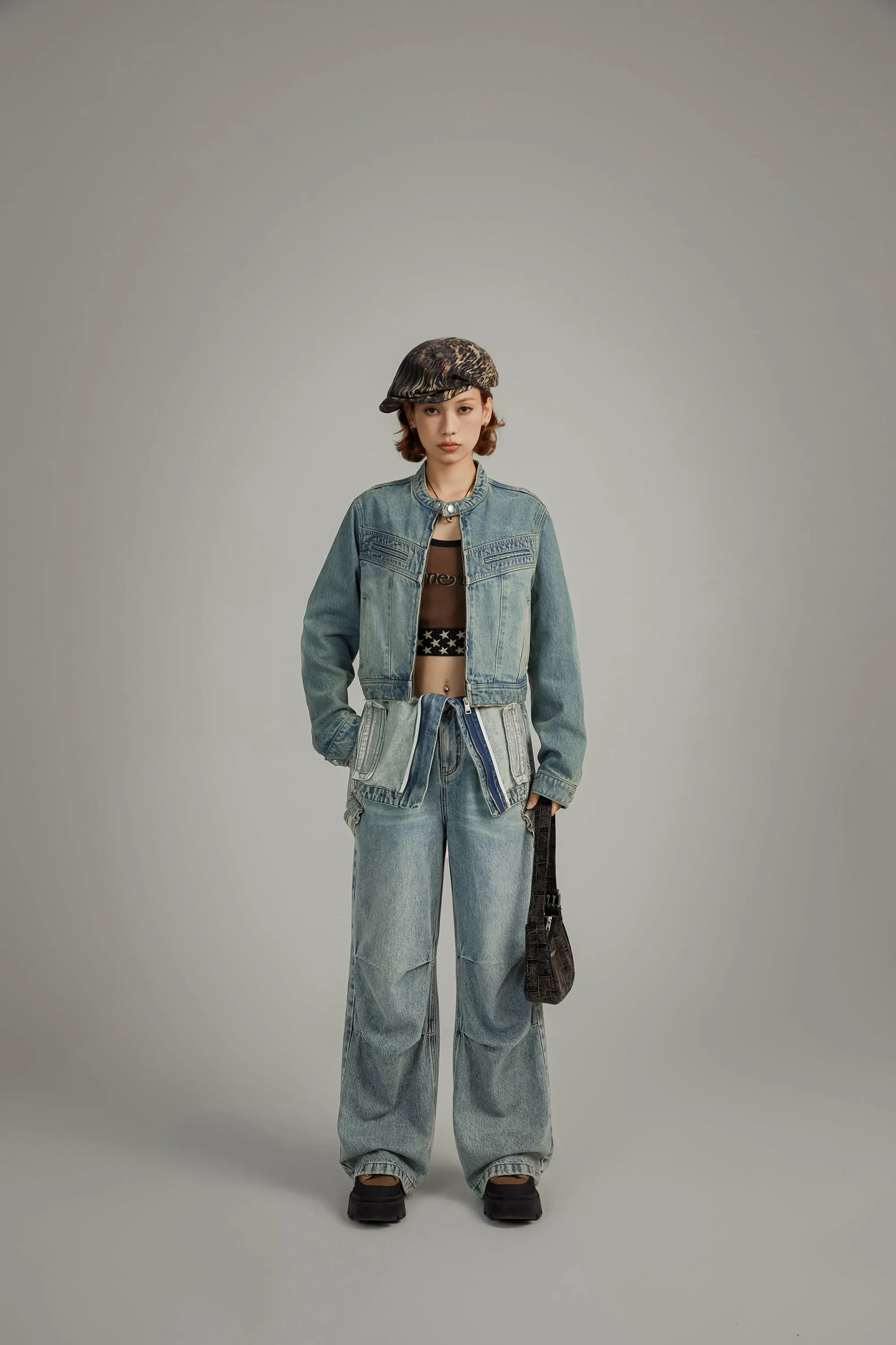 Neck Button Washed Denim Jacket