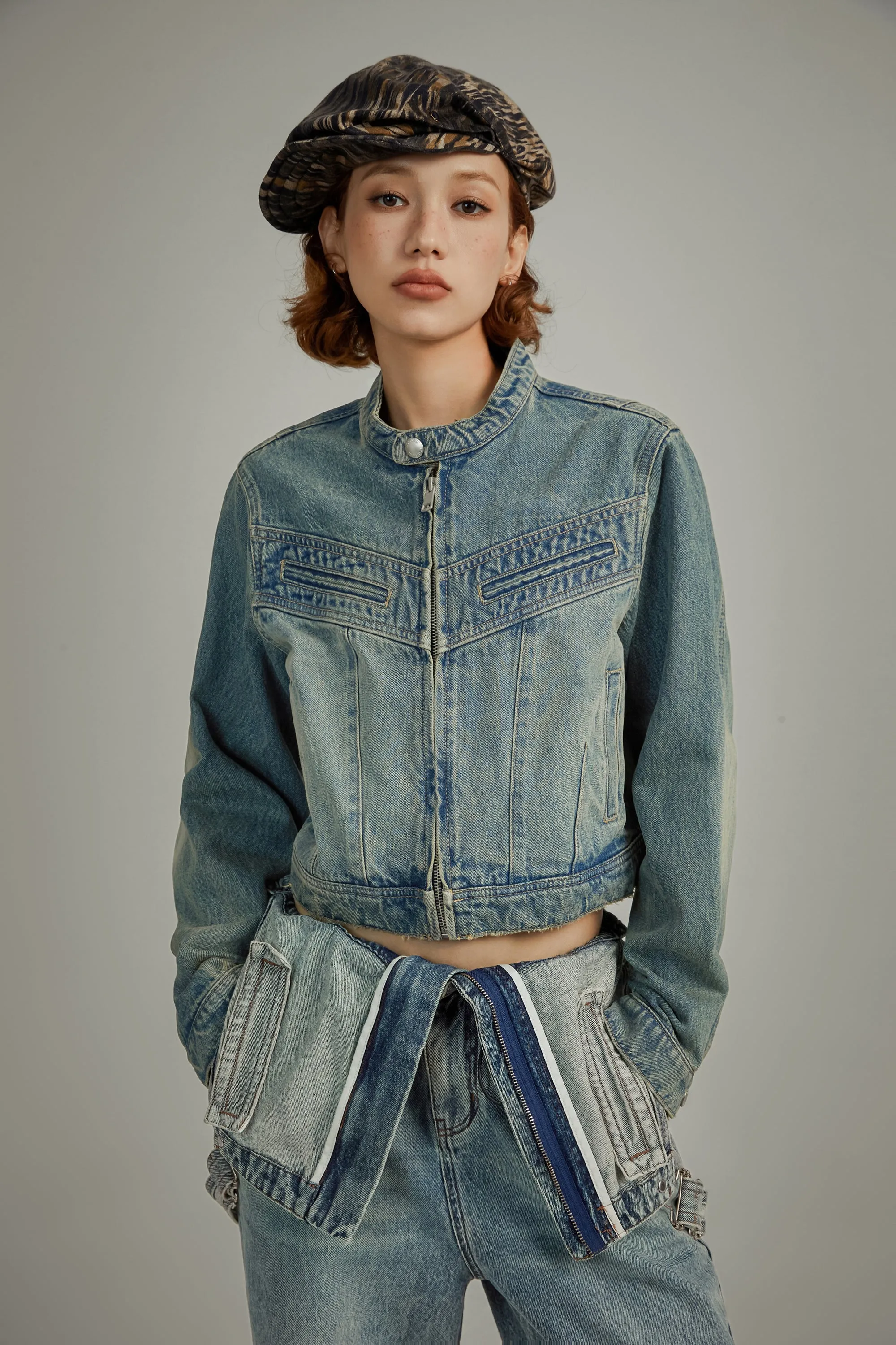 Neck Button Washed Denim Jacket