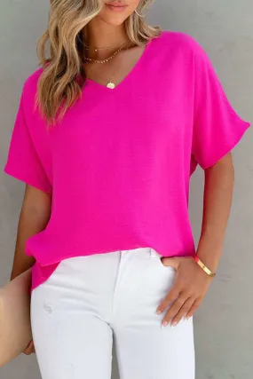 Neck Top - Chic Rose V Neck Short Sleeve Blouse for Summer