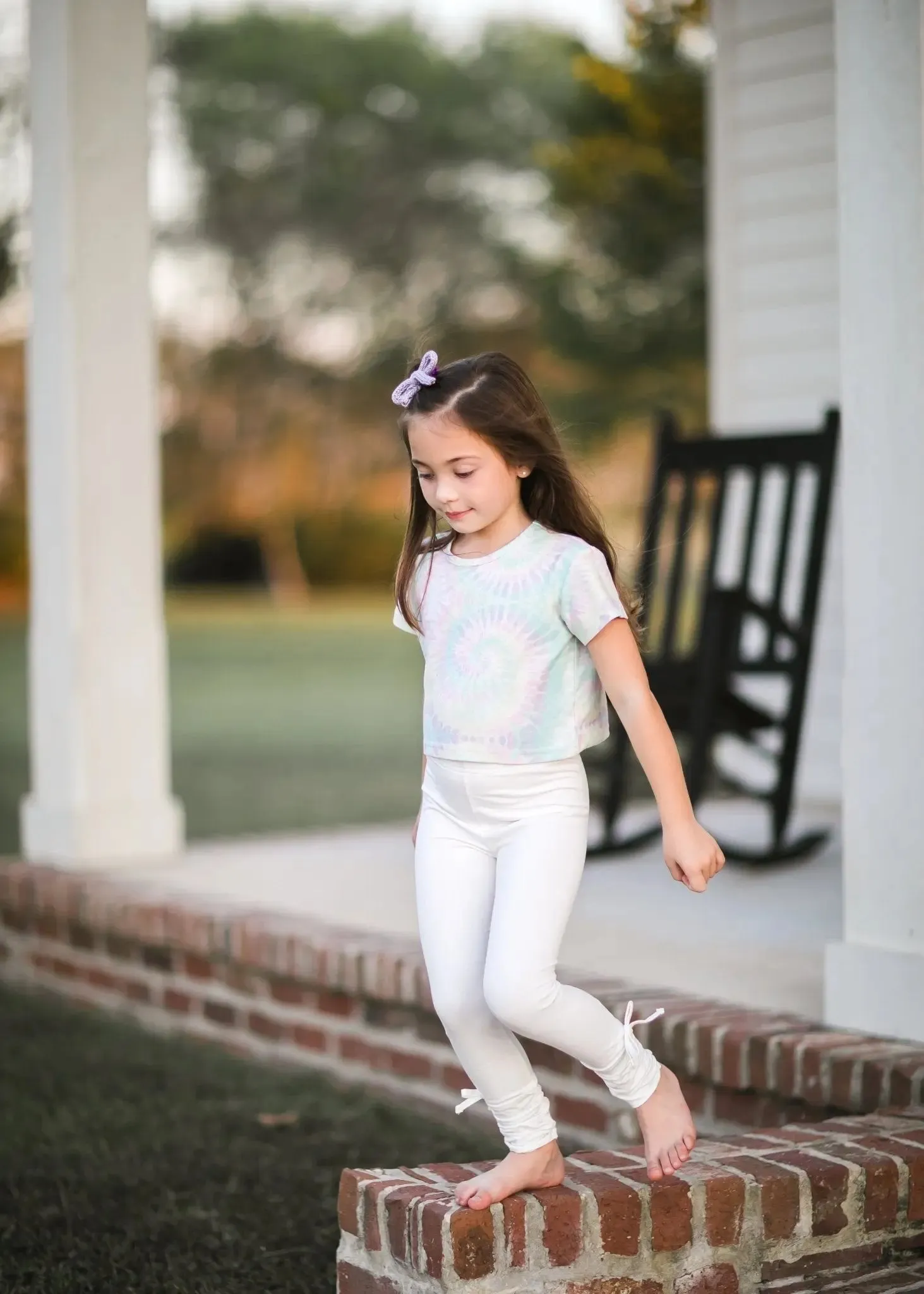 Never Basic Evie's Backyard White Ruched Ankle Bow Accent Leggings