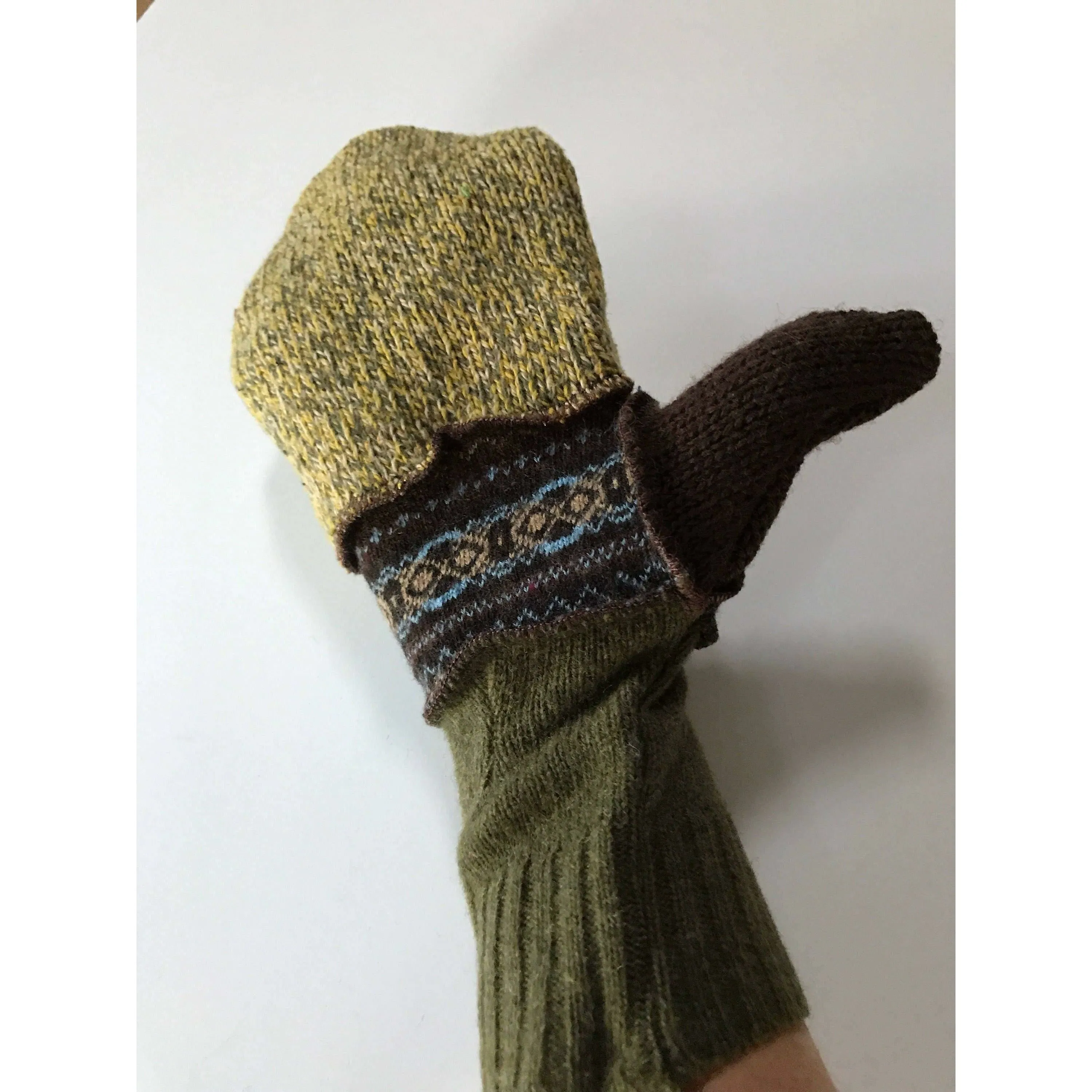 New and Upcycled Recycled Lined sweater mitten gloves in greens and browns. Warm and soft.