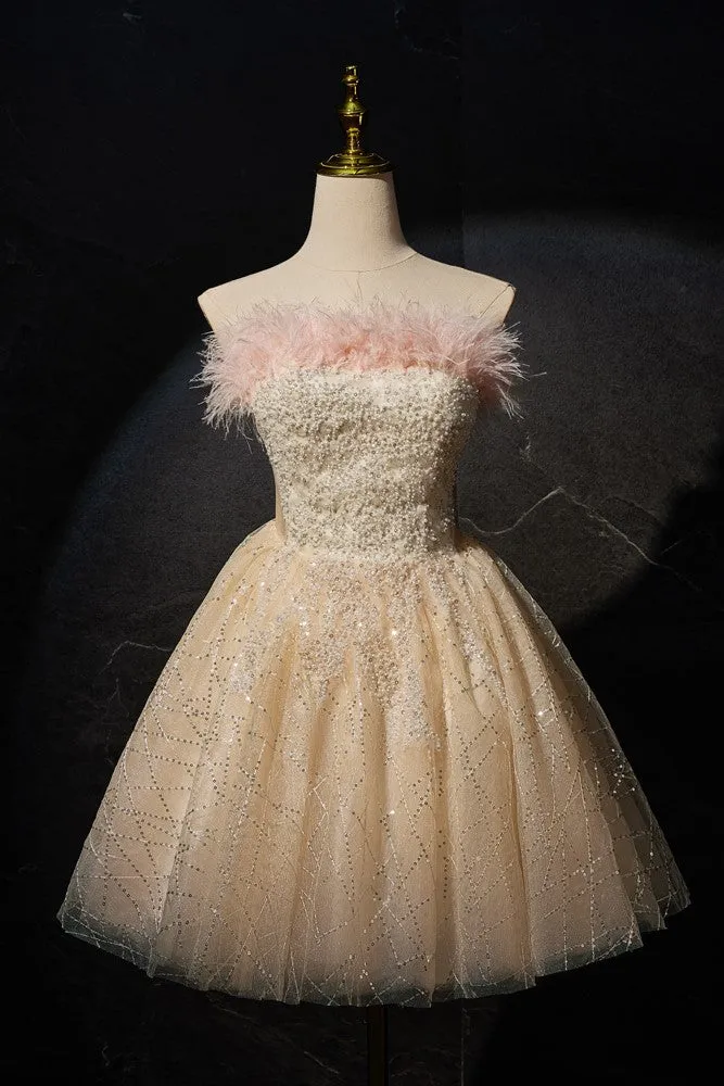 New Arrival A Line Strapless Short Homecoming Dresses with Feathers