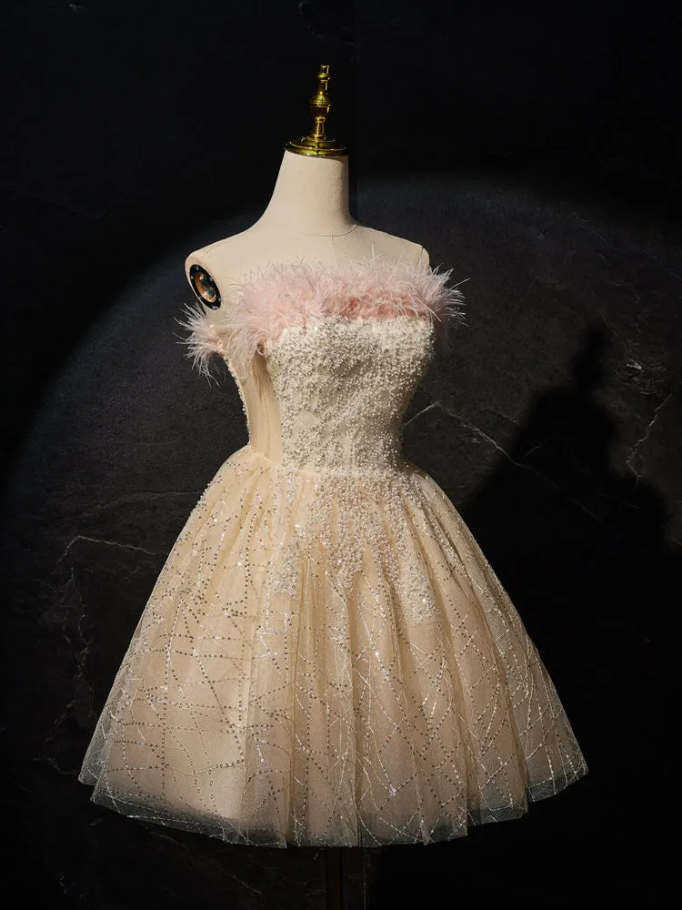 New Arrival A Line Strapless Short Homecoming Dresses with Feathers