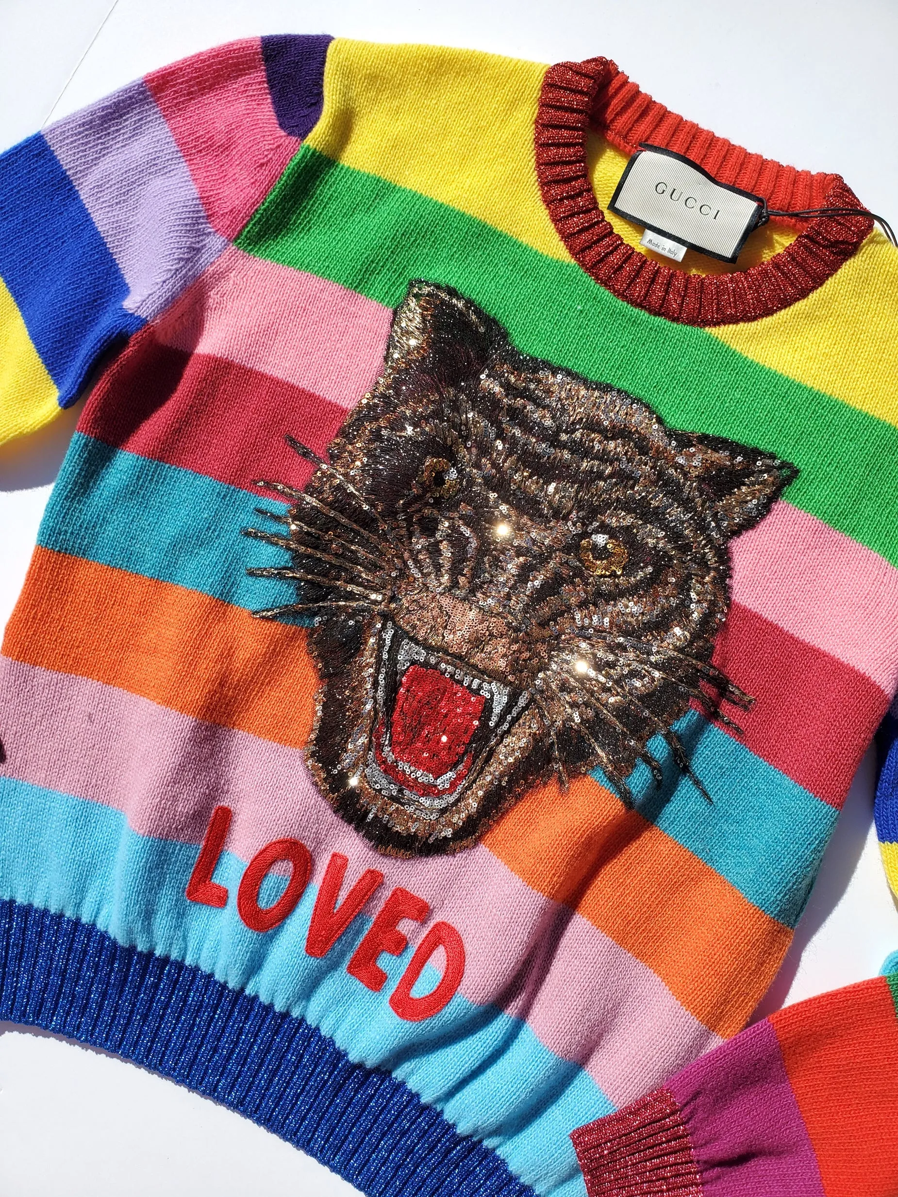New Gucci 2017 Red Sequined Tiger Loved Printed Wool Sweater S