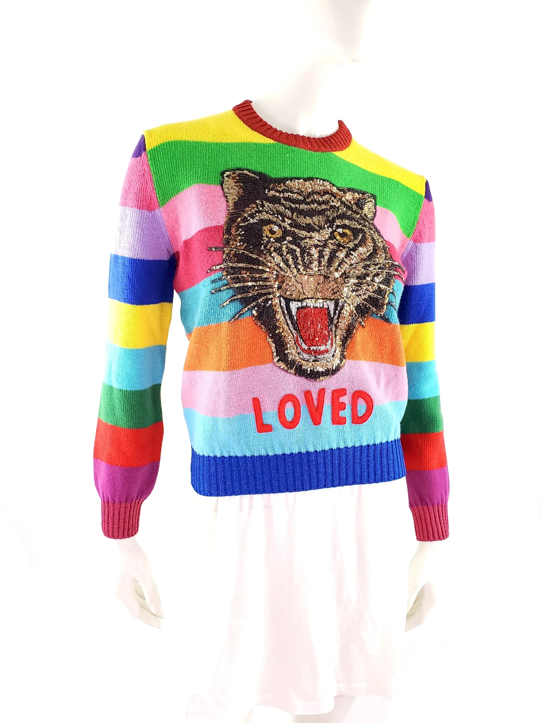 New Gucci 2017 Red Sequined Tiger Loved Printed Wool Sweater S