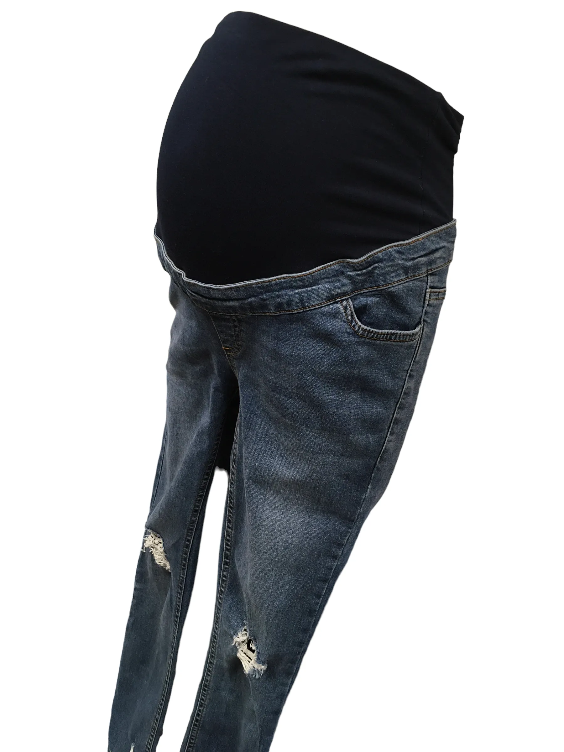 New Look Jenna Over Bump Skinny Distressed Blue Jeans Ripped Knee - Size Maternity UK 8
