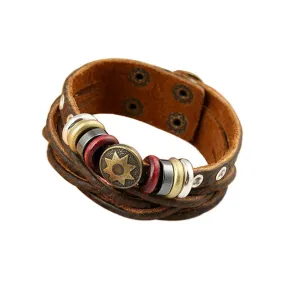 New Man Vintage Braided Leather Bracelet Punk Metal Star Pattern Rope Bracelets Hip-hop Multilayer Warp Bangle