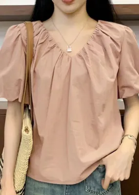 New Pink V Neck Solid Cotton Shirts Short Sleeve RE002