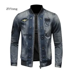 New Premium Quality  Designed Stand Collar Patch Bomber Pilot Blue Jacket Men  Casual Wear