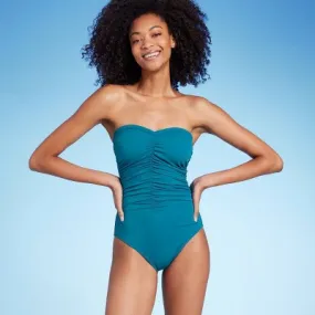New - Shade & Shore Women's Shirred Bandeau One Piece Swimsuit Full Coverage
