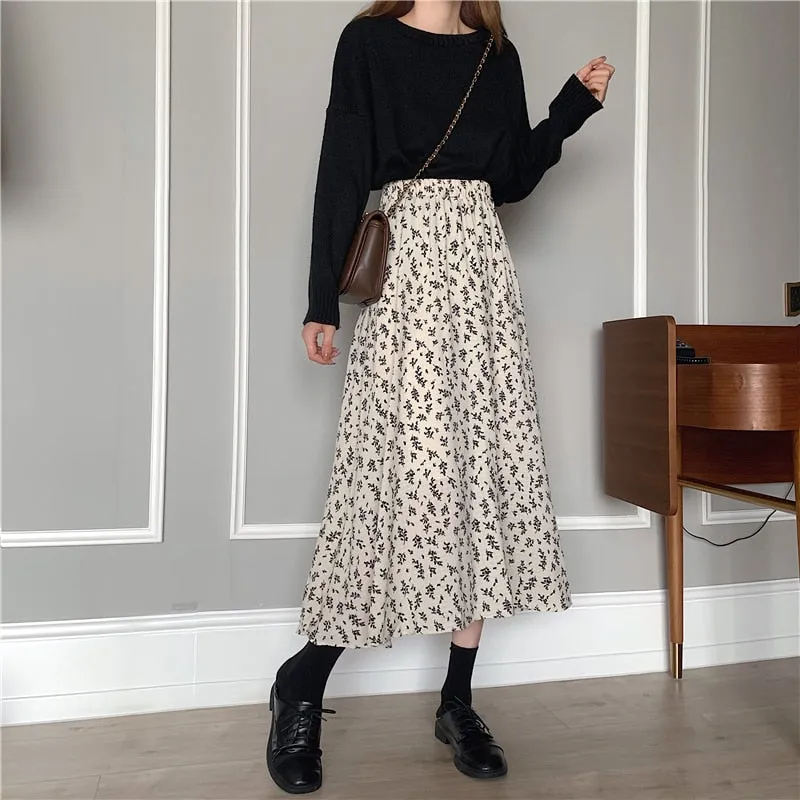 New Vintage Floral Print A-line Pleated Long Skirts
