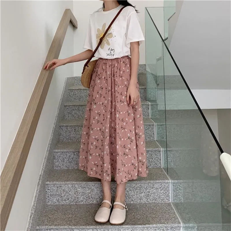 New Vintage Floral Print A-line Pleated Long Skirts