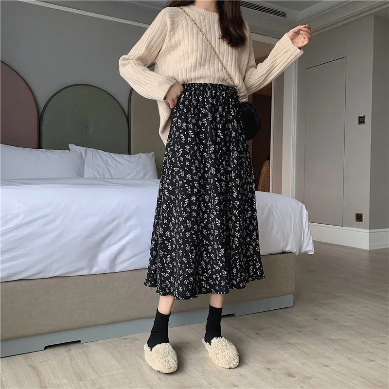 New Vintage Floral Print A-line Pleated Long Skirts
