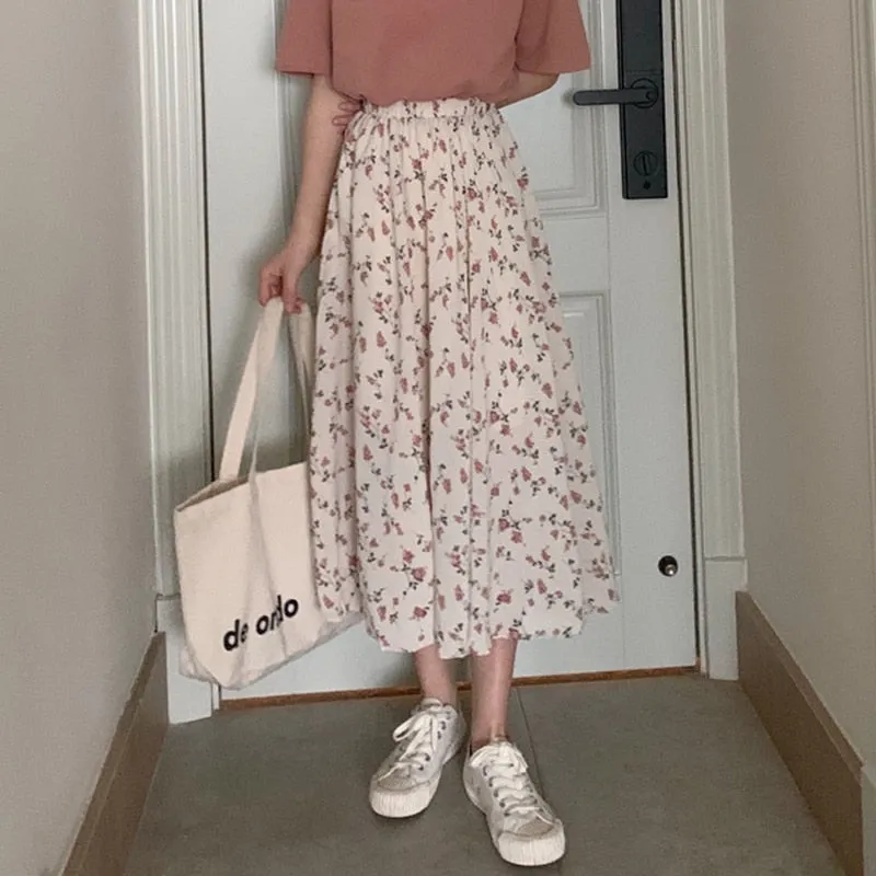 New Vintage Floral Print A-line Pleated Long Skirts