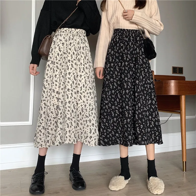New Vintage Floral Print A-line Pleated Long Skirts