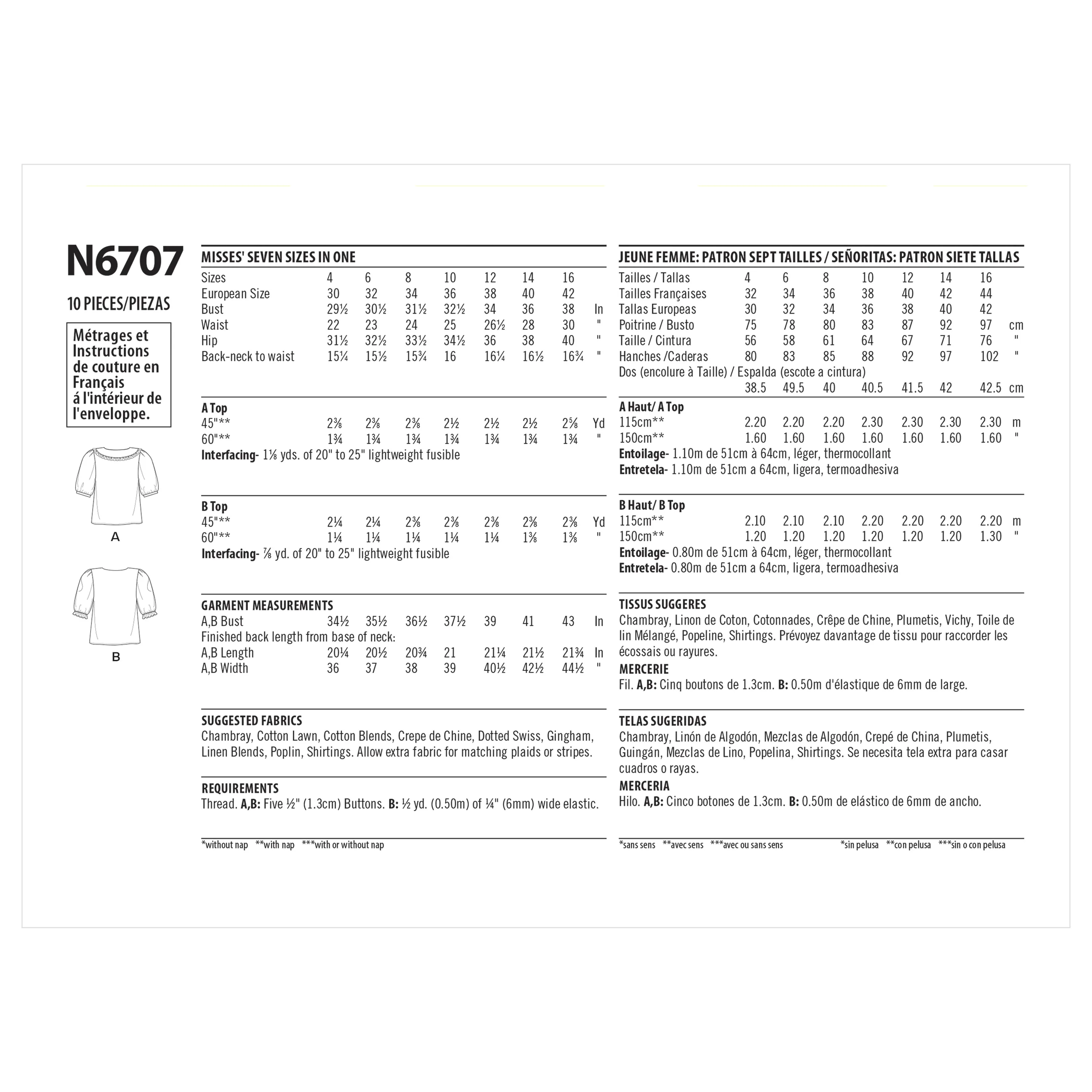 Newlook Pattern N6707 Misses' Tops