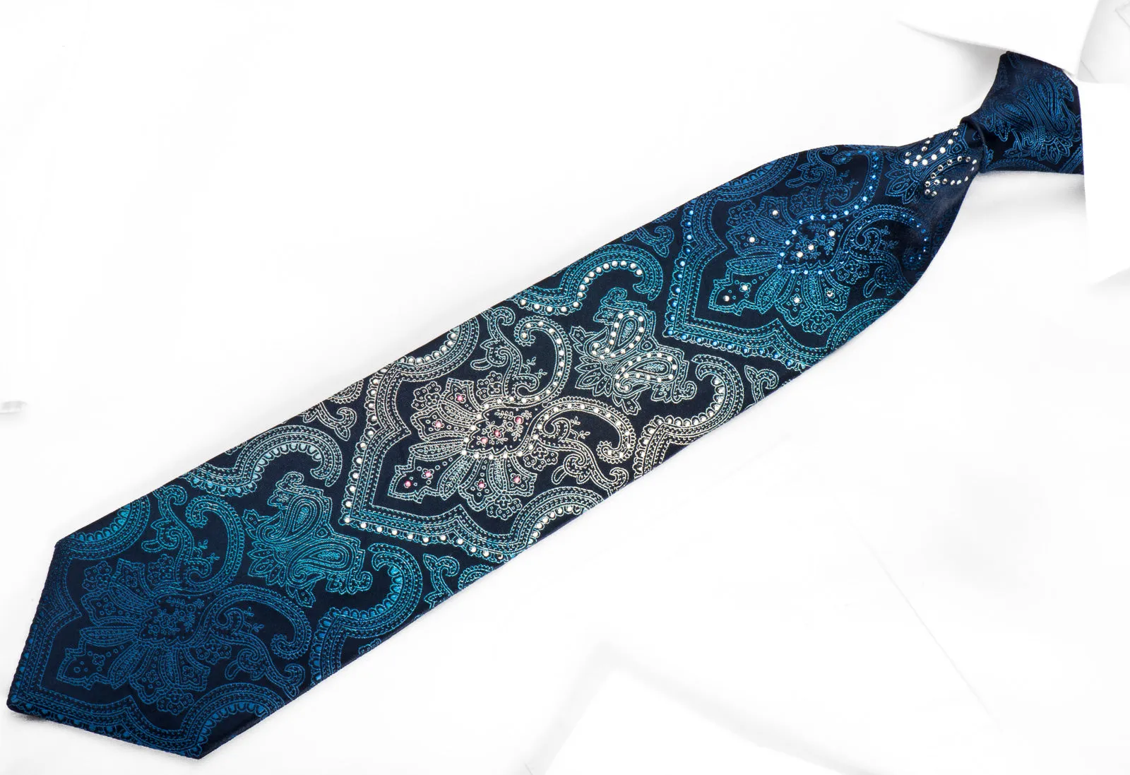 Nina Ricci Silk Necktie Damask On Blue Sparkling With Rhinestones