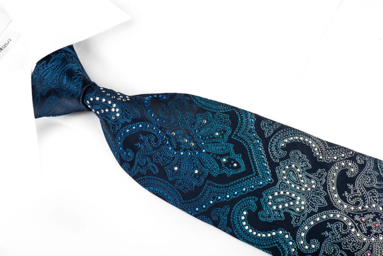 Nina Ricci Silk Necktie Damask On Blue Sparkling With Rhinestones