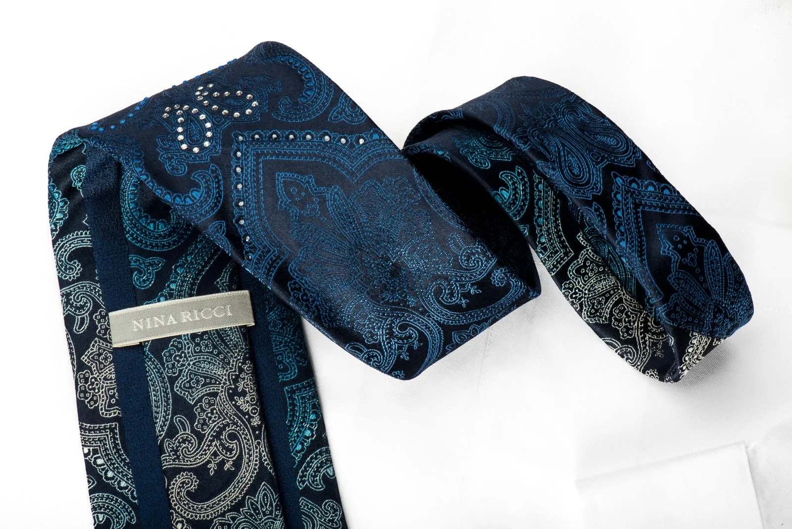 Nina Ricci Silk Necktie Damask On Blue Sparkling With Rhinestones
