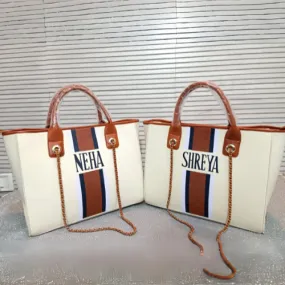 Nivel Off-white tote with white, navy and brown stripes