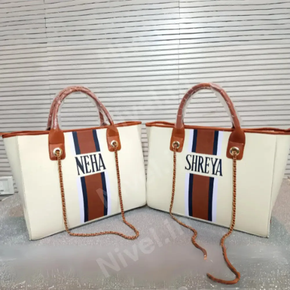 Nivel Off-white tote with white, navy and brown stripes