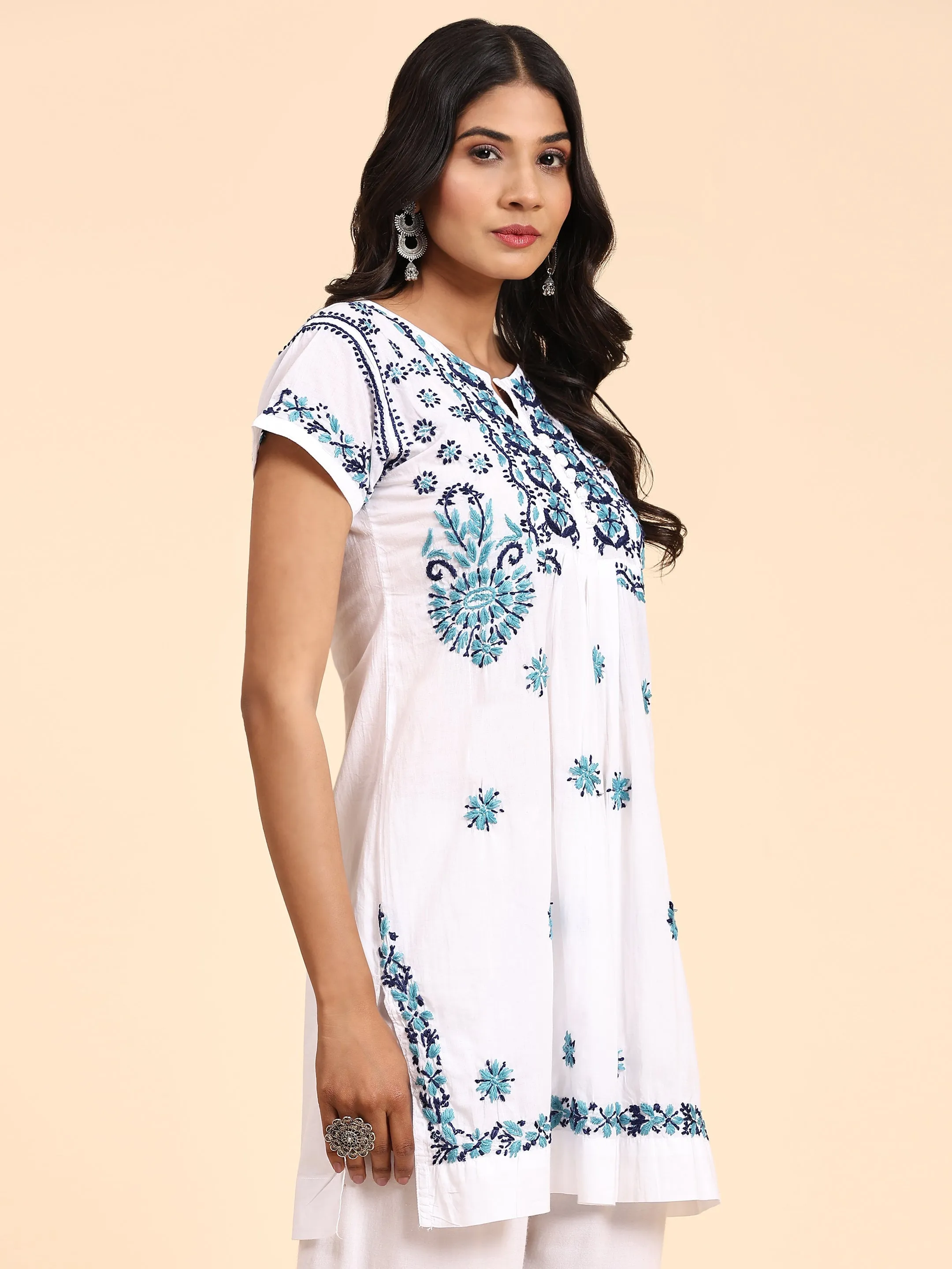 Noor Hand Embroidery Chikankari Printed Short Cotton Tunics-White With Multiblue