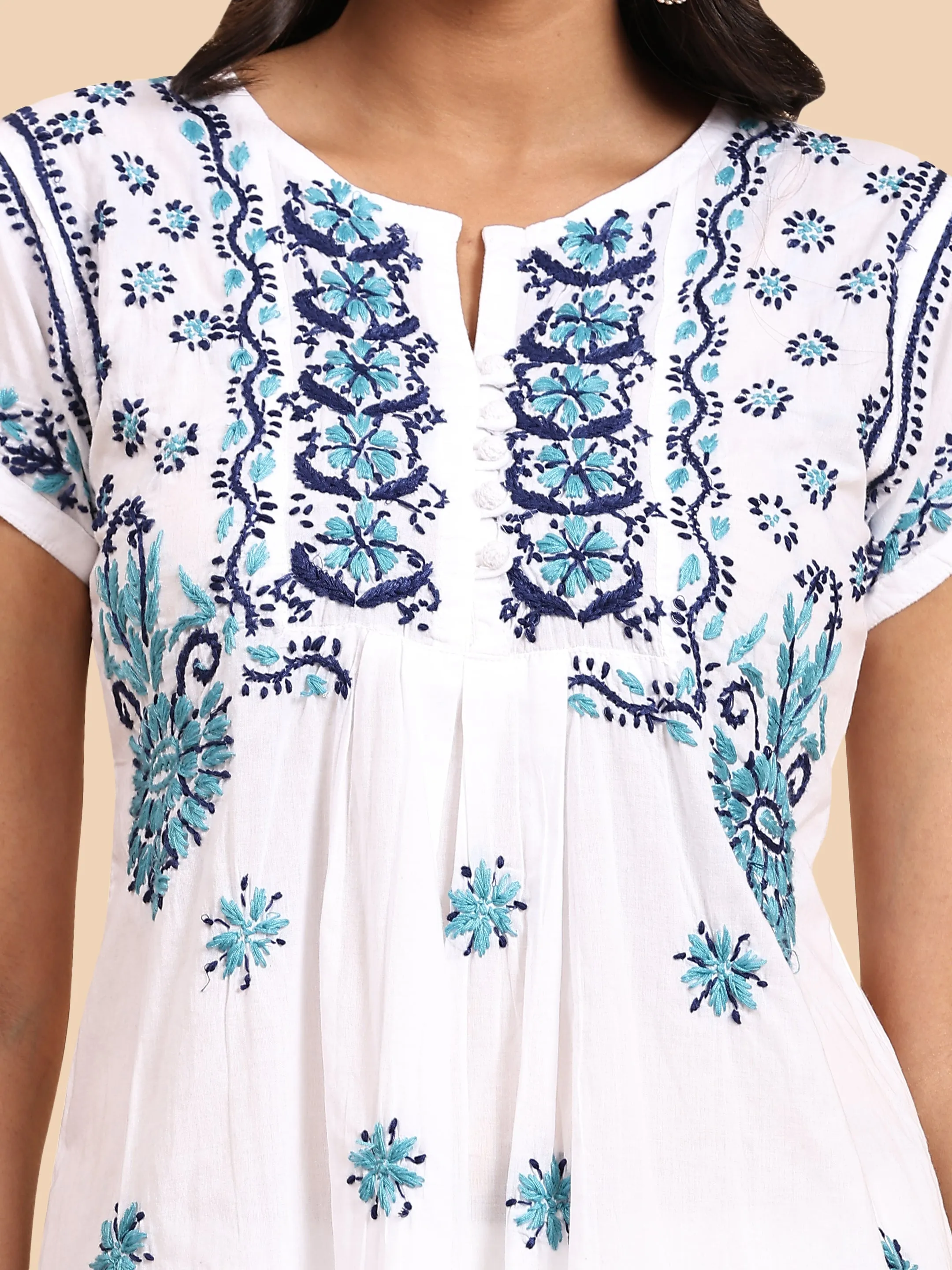 Noor Hand Embroidery Chikankari Printed Short Cotton Tunics-White With Multiblue