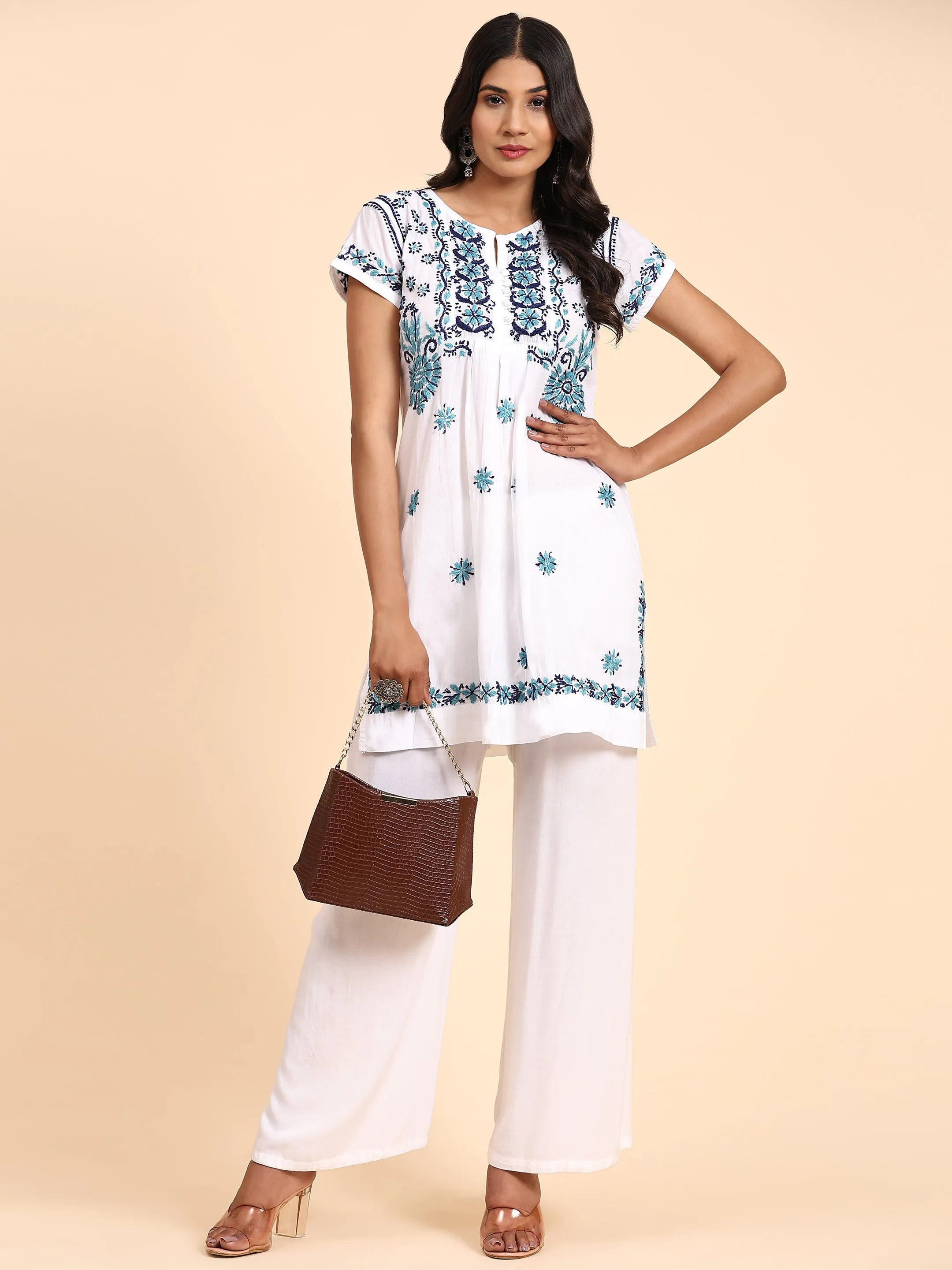 Noor Hand Embroidery Chikankari Printed Short Cotton Tunics-White With Multiblue