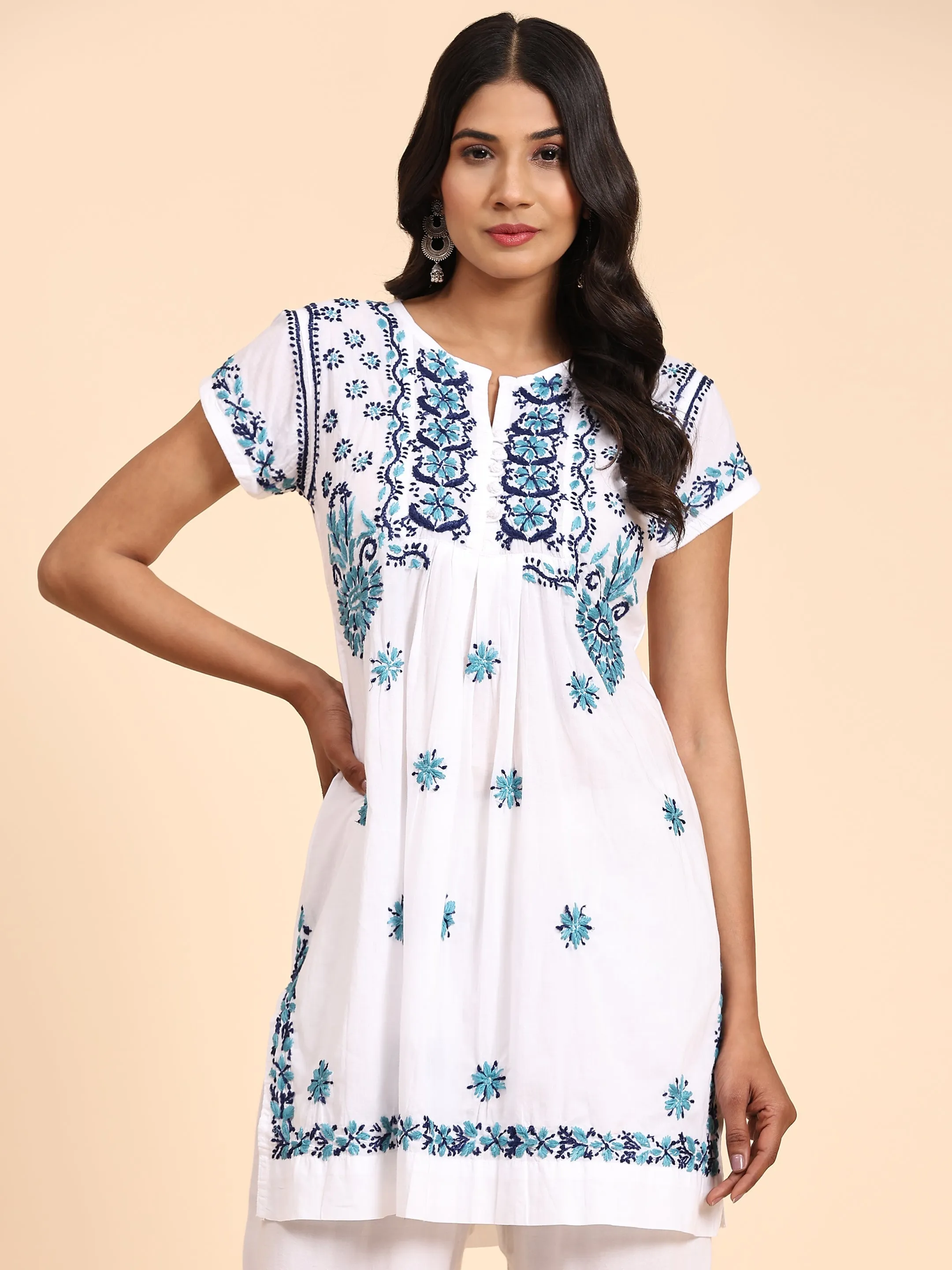 Noor Hand Embroidery Chikankari Printed Short Cotton Tunics-White With Multiblue