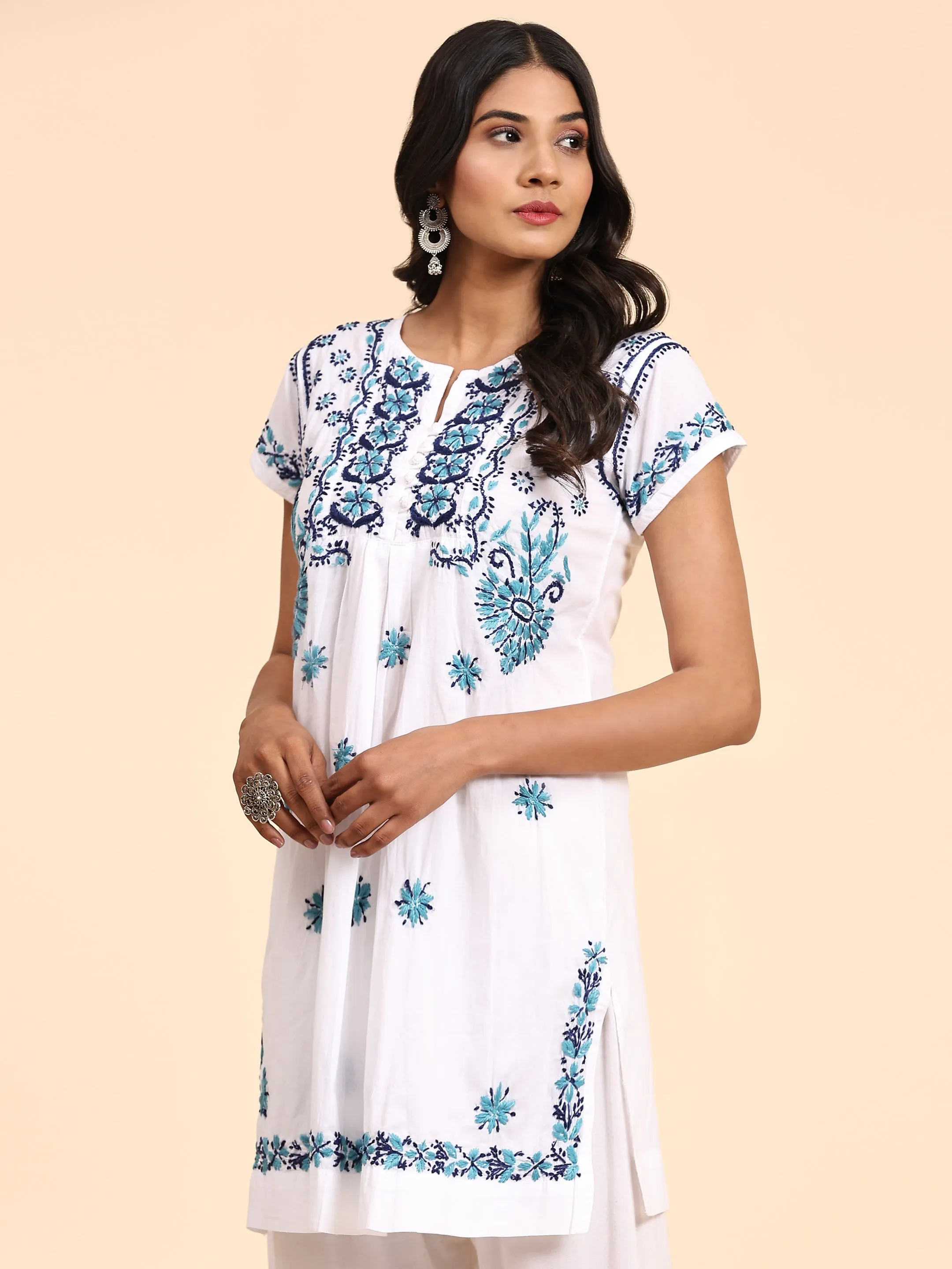 Noor Hand Embroidery Chikankari Printed Short Cotton Tunics-White With Multiblue