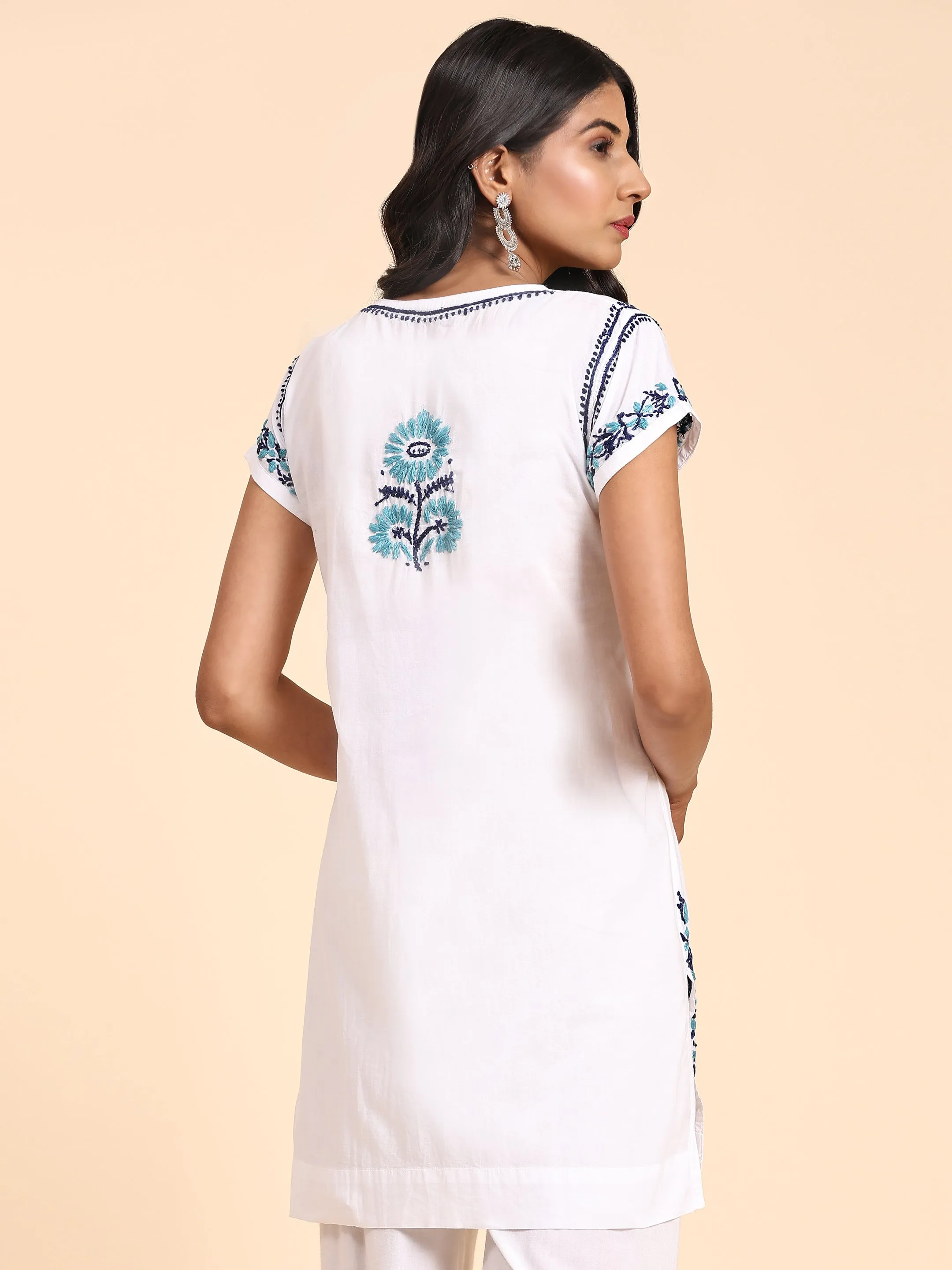 Noor Hand Embroidery Chikankari Printed Short Cotton Tunics-White With Multiblue