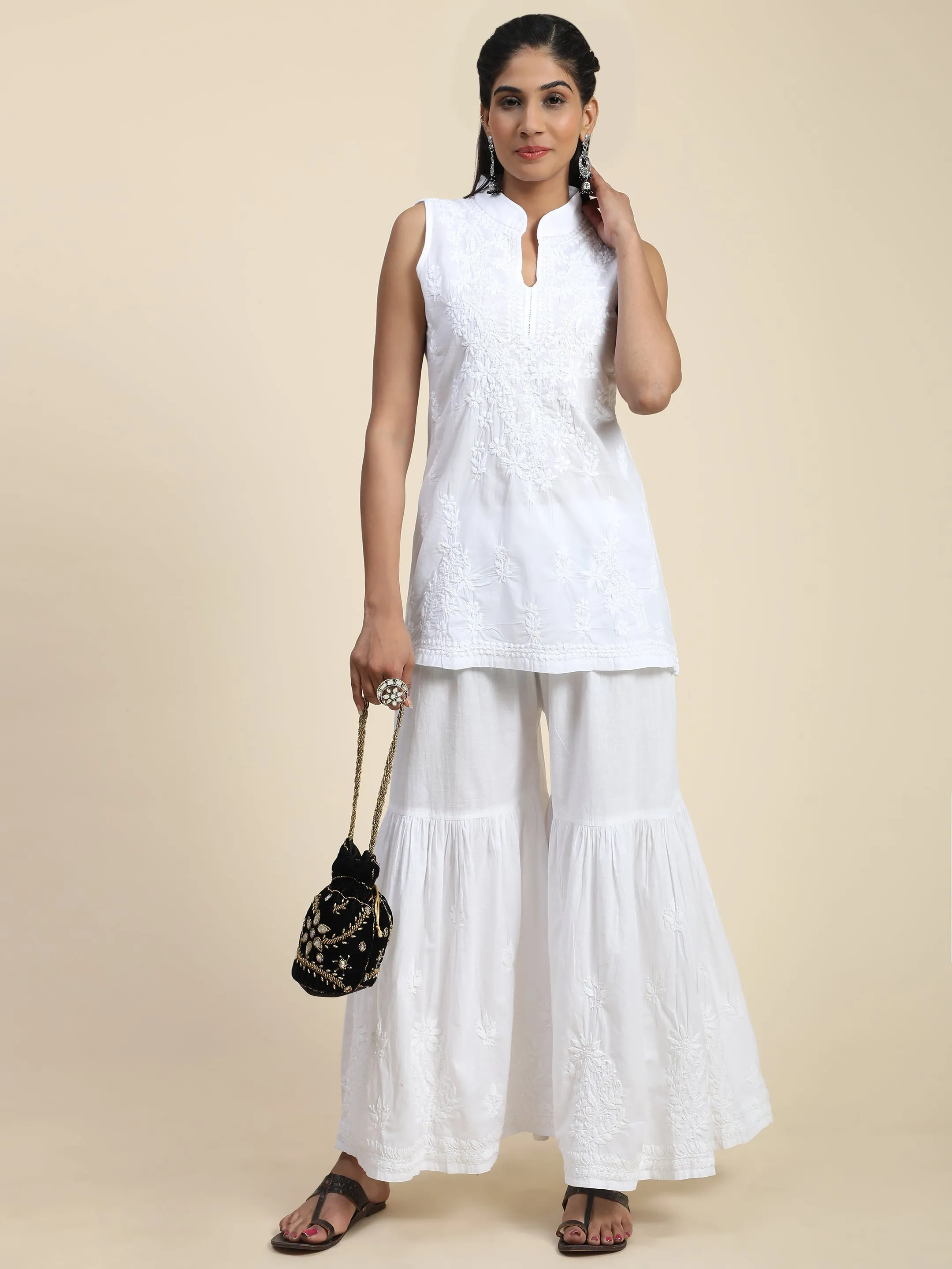Noor Sleeveless Hand Embroidery Chikankari Printed Short Cotton Tunics-White