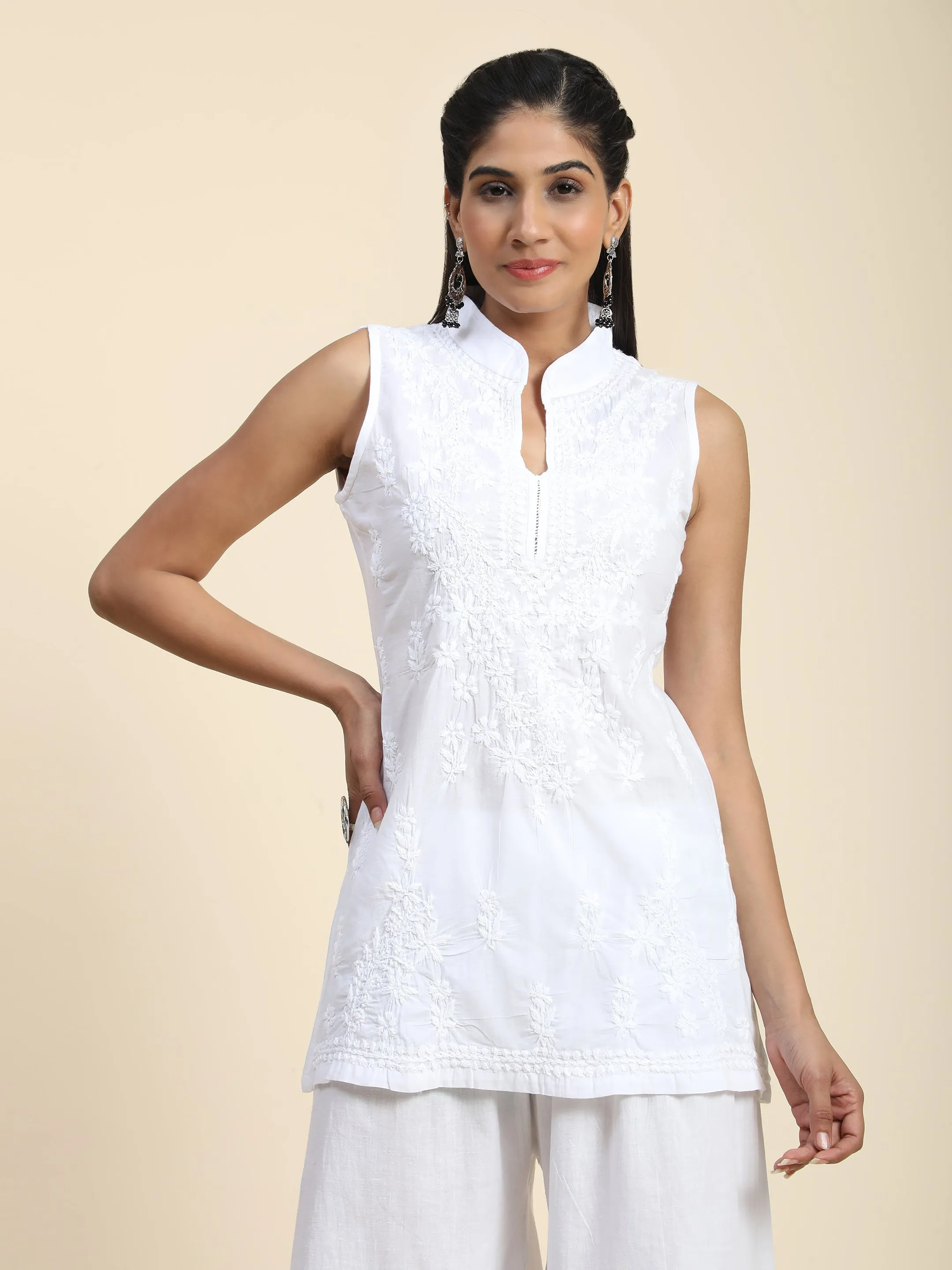 Noor Sleeveless Hand Embroidery Chikankari Printed Short Cotton Tunics-White