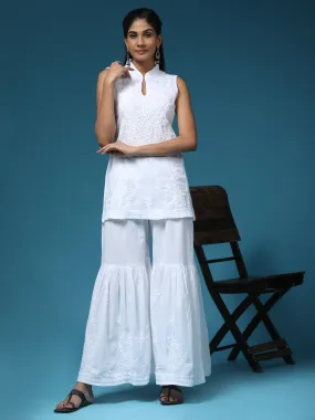 Noor Sleeveless Hand Embroidery Chikankari Printed Short Cotton Tunics-White