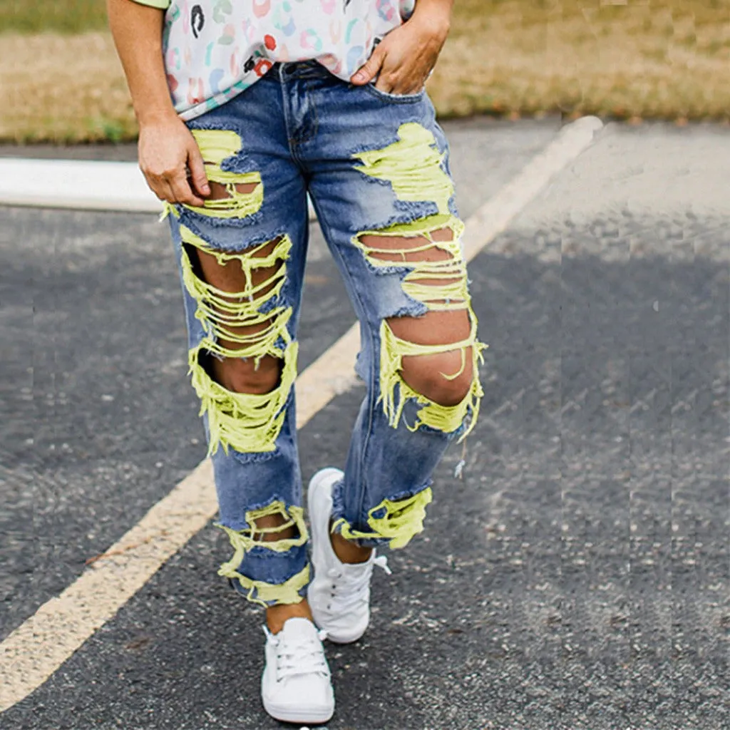 NORA : Destroyed Jeans - drei Neon-Farben - straight cut