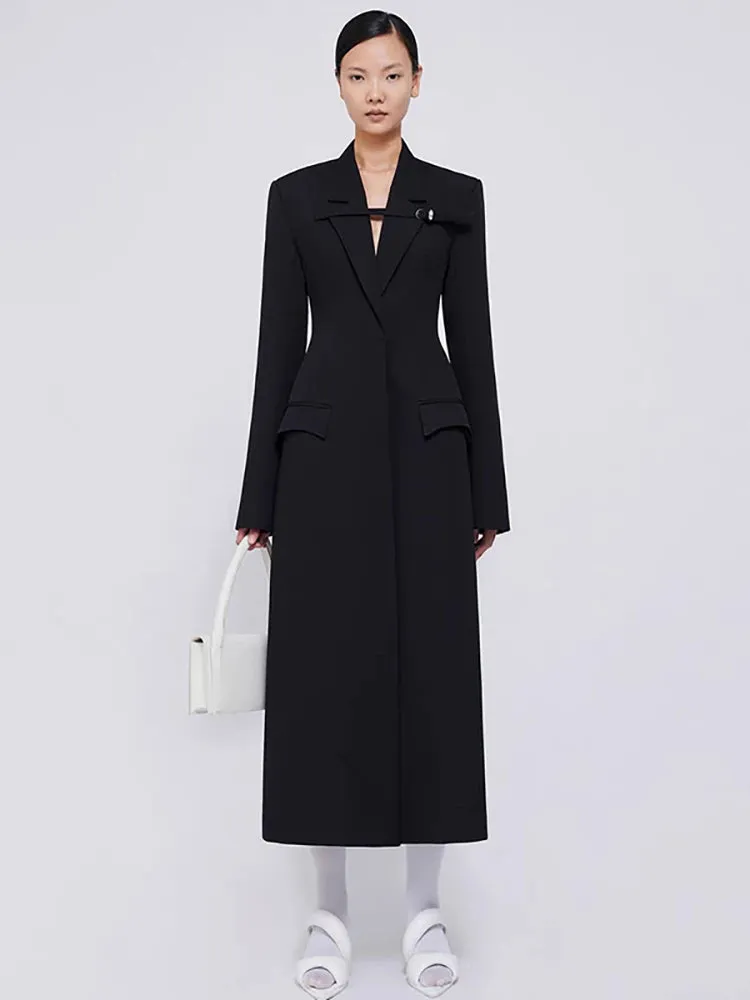 Notched Collar High Waist Front Ribbon Covered Button Trench Coat