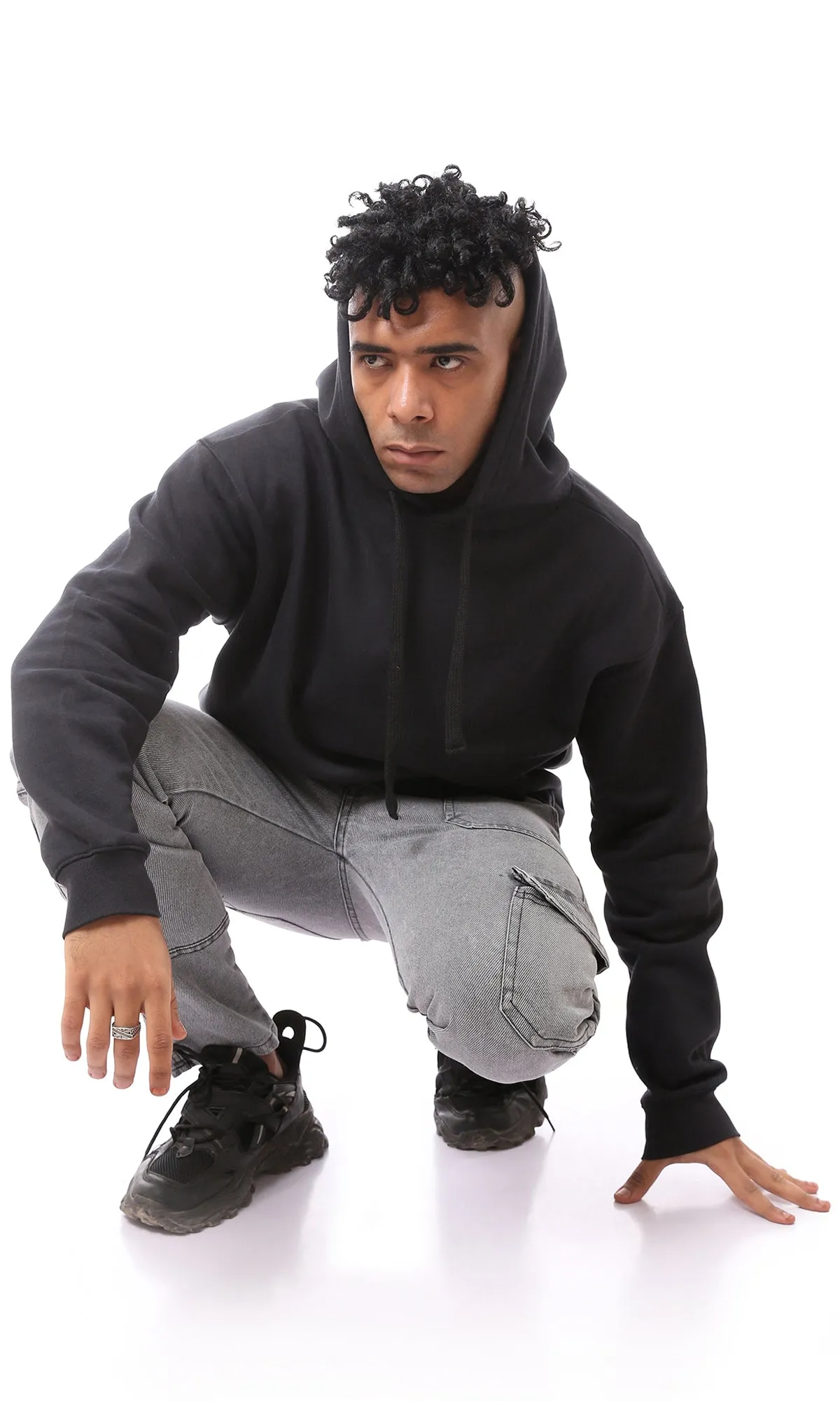 O172341 Slip On Solid Black Comfy Hoodie