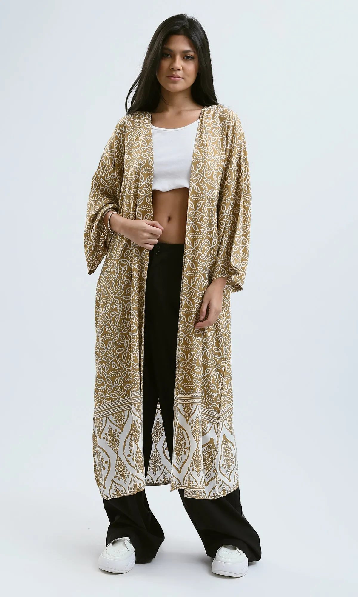 O190346 Dark Camel & White Lightweight Slip-On Cardigan