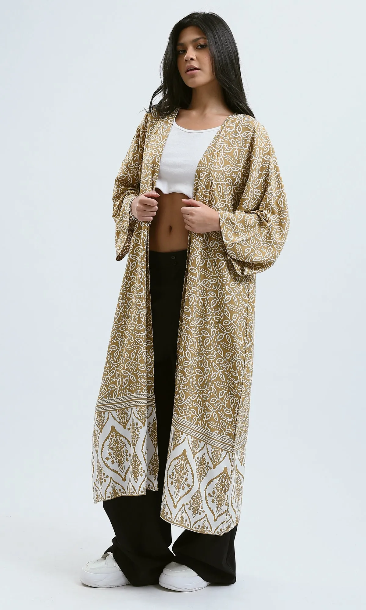O190346 Dark Camel & White Lightweight Slip-On Cardigan
